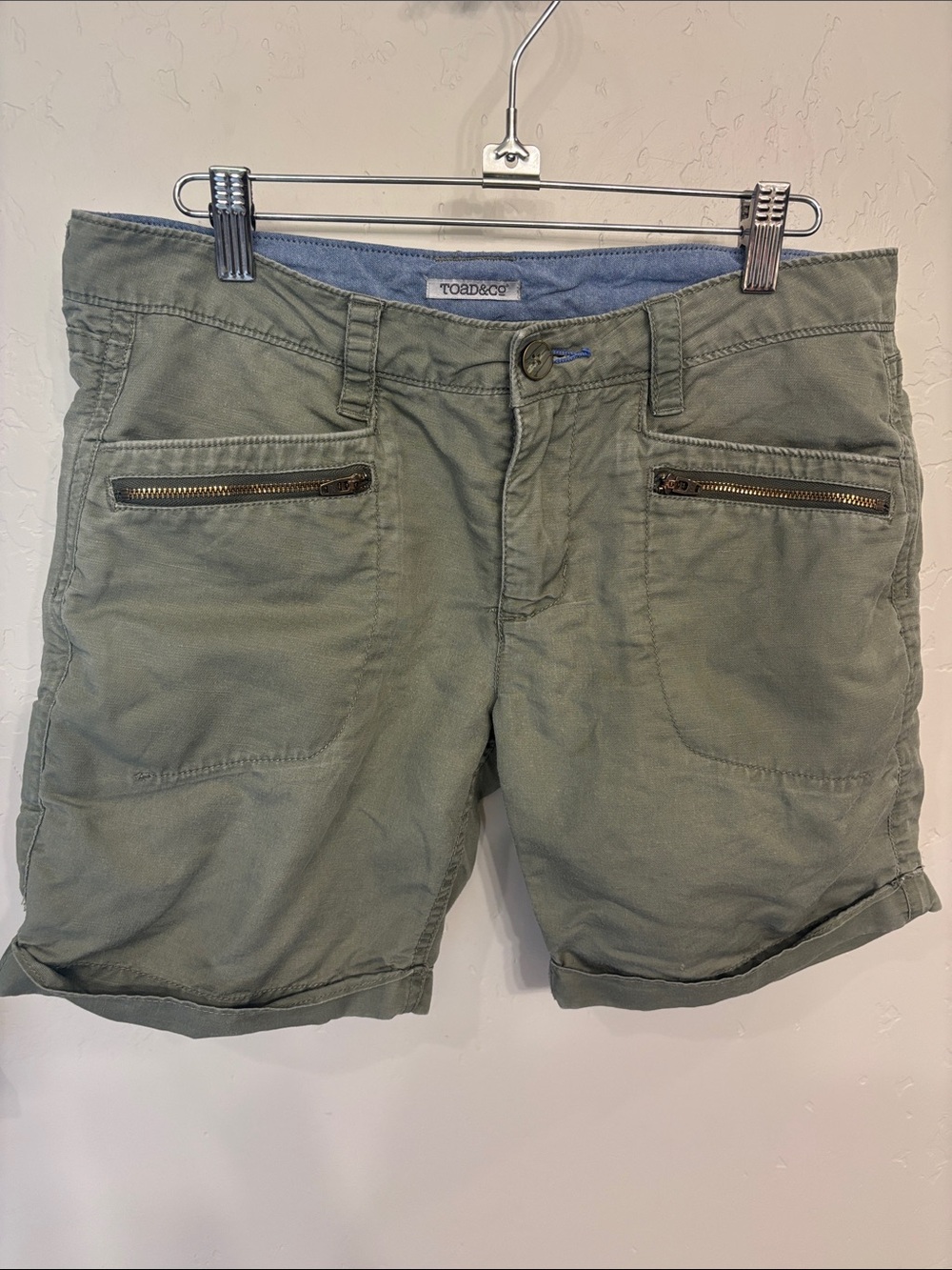 Toad & Co olive green cotton/linen shorts, 6